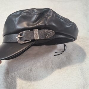 Black PU Leather Baker Boy Hat Newsboy Cap with Western Silver Buckle Detail O/S